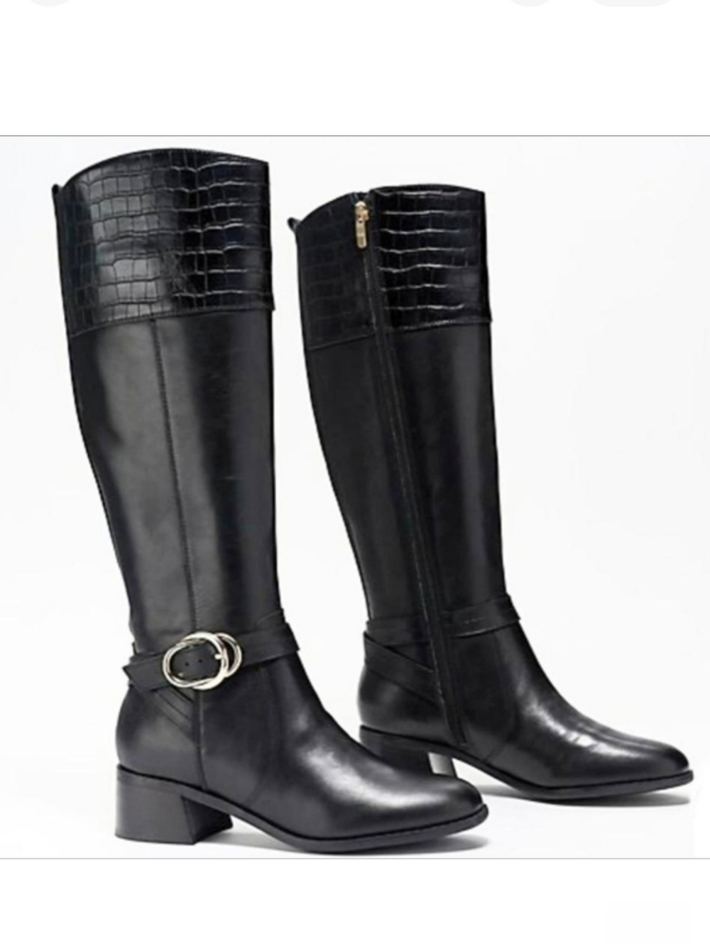 Marc Fisher Hailin Black Wide Calf Croc Embossed Leather Riding Boots